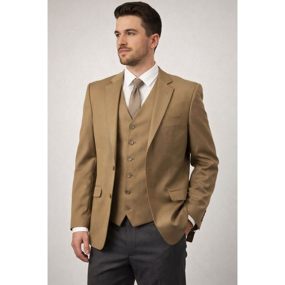 Marchatti Italy Men Suit 36R Tan Beige Blazer Jacket Vest 2 Piece Classic Formal